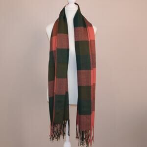Soft Green & Coral Plaid Scarf with Tassels New without tags FREE SHIPPING